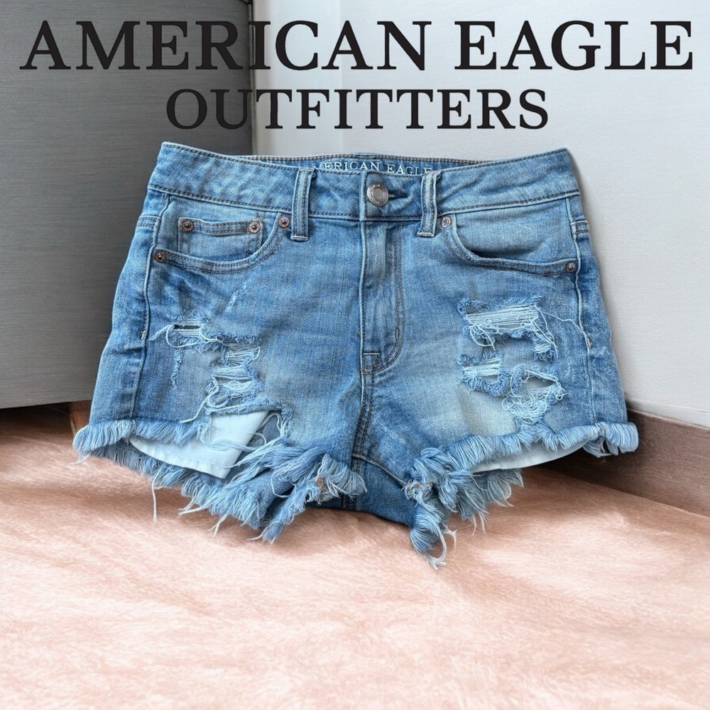 American Eagle, Hi-Rise Festival Trendy Distressed Short Jeans, Size 0, Blue